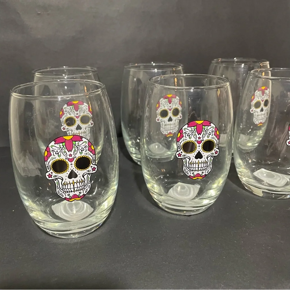 Cristar Day Of The Dead White Skull, Mikonos Stemless Glasses (Lot Of 6) NEW - Picture 3 of 8